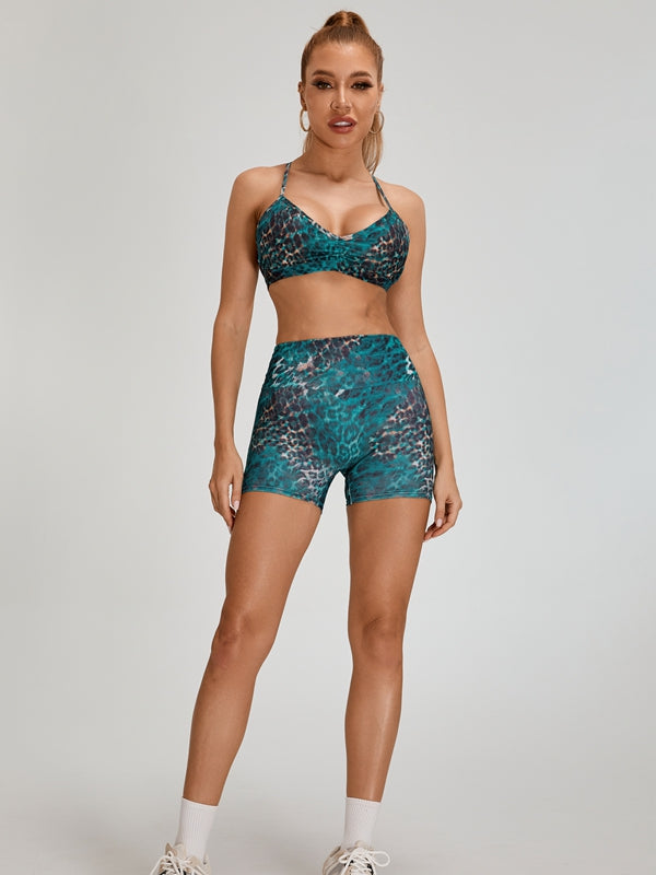 ZASUWA Female Leopard Print Scrunch Bum Cross Back Short Tracksuit