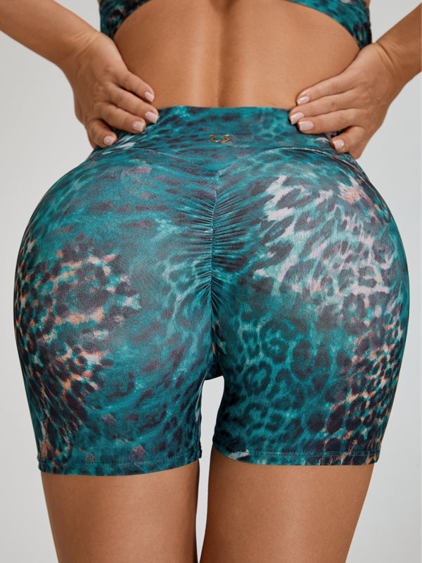 ZASUWA Female Leopard Print Scrunch Bum Cross Back Short Tracksuit