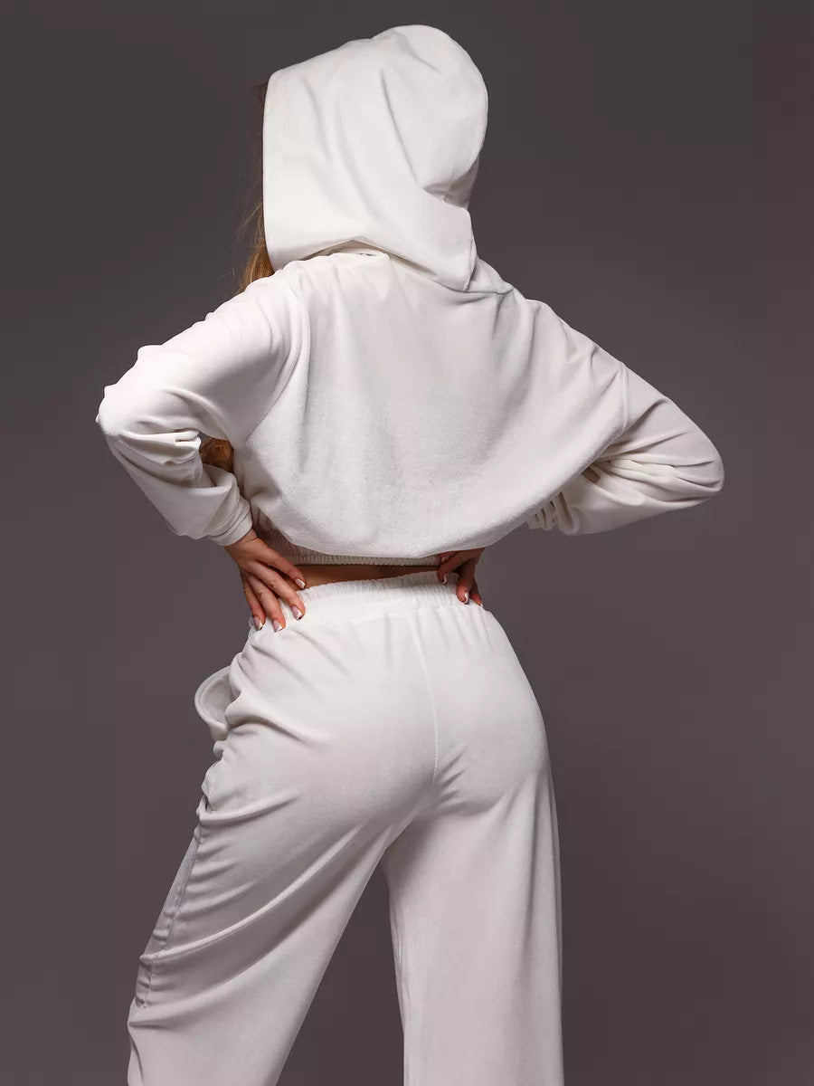 ZASUWA Female Velvet Zipper Pocket Hooded Casual Cropped Tracksuit